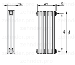 Схема (чертеж) Радиатор Zehnder Charleston 3075/5 №7610 Белый глянцевый RAL 9016